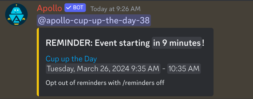 An event reminder using a temporary attendee role