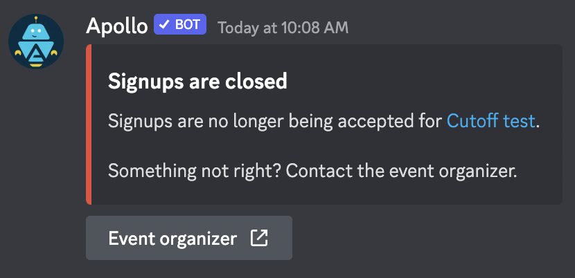 A notification that signups are closed