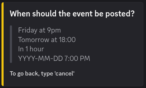 The schedule step in the /event command